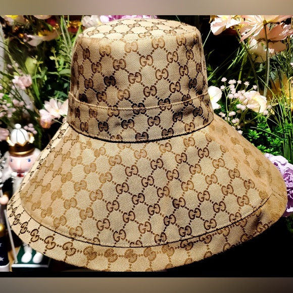 Gucci GG Beige Canvas Denim Wide Large Brim Monogram Jacquard Beach Bucket Hat - Picture 3 of 13
